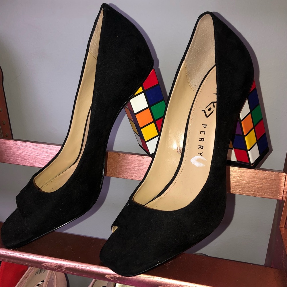 Katy Perry Collections Black Suede Pumps with Multicolor Rubik Block Heels Fun